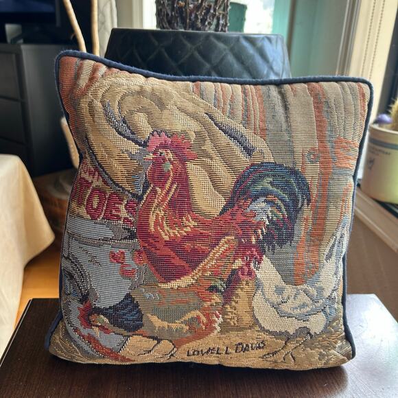 Vintage Lowell Davis Rooster Hen Chicken Tapestry Throw Pillow 12” X 12” Farm - Picture 1 of 6